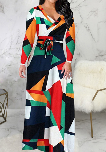 Women Spring Red Sexy V-neck Full Sleeves Geometric Print Belted Maxi Dress