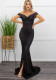 Women Summer Black Formal Off-the-shoulder Short Sleeves Solid Silt Mermaid Evening Dress