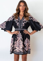 Vestido de fiesta suelto con estampado floral y media manga con cuello en V vintage negro de verano para mujer
