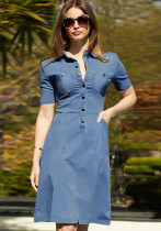 Mujer Verano Azul Turn-down Collar Mangas cortas Botón sólido Midi A-line Vestido casual