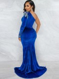 Women Spring Blue Formal One Shoulder Full Sleeves Patchwork Velvet Beading Slit Mermaid Evening Dress