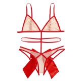 Women Red Hollow Out Mesh See Through Teddy Lingerie