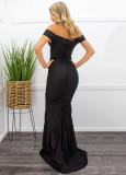 Women Summer Black Formal Off-the-shoulder Short Sleeves Solid Silt Mermaid Evening Dress