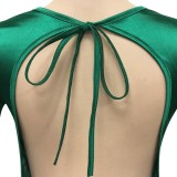 Women Spring Green Formal V-neck Full Sleeves Solid Satin Backless Mermaid Evening Dress