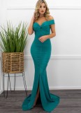 Women Summer Green Formal Off-the-shoulder Short Sleeves Solid Silt Mermaid Evening Dress