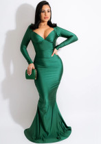 Women Spring Green Formal V-neck Full Sleeves Solid Satin Backless Mermaid Evening Dress