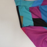 Women Spring Purple Sexy V-neck Full Sleeves Geometric Print Belted Maxi Dress