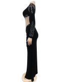 Women Spring Black Formal One Shoulder Full Sleeves Patchwork Velvet Beading Slit Mermaid Evening Dress