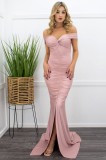 Women Summer Pink Formal Off-the-shoulder Short Sleeves Solid Silt Mermaid Evening Dress