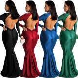 Women Spring Black Formal V-neck Full Sleeves Solid Satin Backless Mermaid Evening Dress
