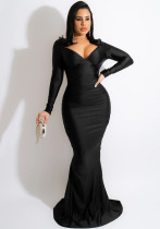 Women Spring Black Formal V-neck Full Sleeves Solid Satin Backless Mermaid Evening Dress