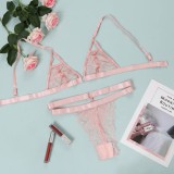 Women Pink Sexy Solid Lace Lace Up Bra And Panty Galter Lingerie Set
