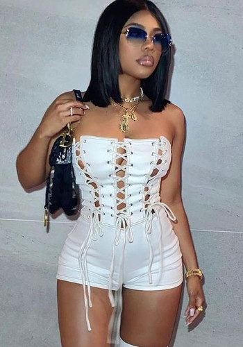 Women Summer White Sexy Off-the-shoulder Sleeveless Solid Bandage Rompers