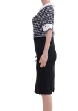 Women Summer Printed Formal Turn-down Collar Short Sleeves Patchwork Midi Office Dress