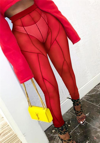 Legging feminina verão vermelha cintura alta sólida transparente