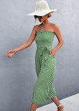 Women Summer Green Casual Strapless Dot Print Belted Loose Jumpsuit