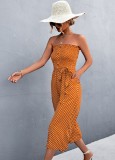 Women Summer Orange Sweet Strapless Dot Print Belted Loose Jumpsuit