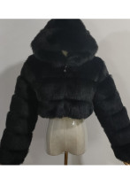 Cappotto di pelliccia corto con cappuccio solido a maniche lunghe nero invernale da donna