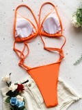 Women Orange High-Leg Strap Solid One Piece Swimsuit