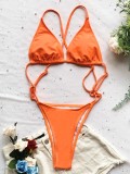 Women Orange High-Leg Strap Solid One Piece Swimsuit