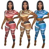 Women Summer Printed Sexy O-Neck Short Sleeves High Waist Skinny Two Piece Pants Set
