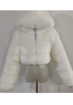 Cappotto di pelliccia corto con cappuccio solido a maniche lunghe bianco invernale da donna