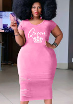 Frauen-Sommer-Rosa-beiläufiger O-Ansatz mit kurzen Ärmeln Briefdruck Midi-Bleistift Plus Size Shirt-Kleid