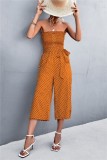 Women Summer Orange Sweet Strapless Dot Print Belted Loose Jumpsuit