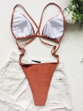 Women Brown High-Leg Strap Solid One Piece Swimsuit