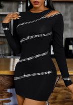 Women Spring Black Sexy O-Neck Long Sleeve Beading Mini Club Dress