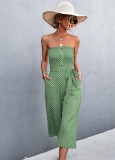 Women Summer Green Casual Strapless Dot Print Belted Loose Jumpsuit