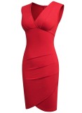 Women Summer Red Sexy V-neck Sleeveless Solid Pleated Mini A-line Club Dress