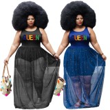Women Summer Black Casual O-Neck Sleeveless Letter Print Mesh Beading Maxi Plus Size Casual Dress