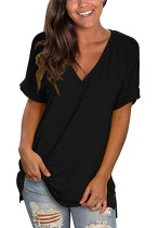 女性サマーブラックカジュアルVネック半袖ソリッドルースTシャツ