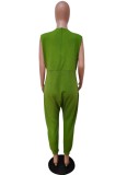 Women Summer Green Casual O-Neck Sleeveless Solid Pockets Full Length Loose Jumpsuit