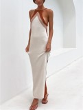 Women Summer Beige Romantic Strap Sleeveless Color Blocking Knitted Backless Long Loose Holiday Dress