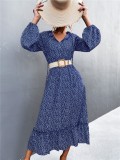 Women Spring Blue Vintage V-neck Full Sleeves Dot Print Ruffles Midi Loose Holiday Dress