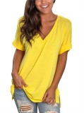 Women Summer Yellow Casual V-neck Short Sleeves Solid Loose T-Shirt