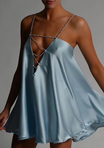 Women Summer Blue Sweet Metal Straps Sleeveless Solid Satin Backless Mini Loose Club Dress