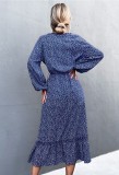 Women Spring Blue Vintage V-neck Full Sleeves Dot Print Ruffles Midi Loose Holiday Dress