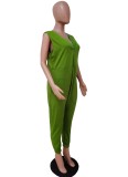 Women Summer Green Casual O-Neck Sleeveless Solid Pockets Full Length Loose Jumpsuit