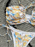 Women Printed Bandeau Halter Lace Up Two Piece Swimwear
