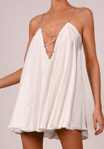 Women Summer White Sweet Metal Straps Sleeveless Solid Satin Mini Loose Club Dress