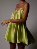 Women Summer Yellow Sweet Metal Straps Sleeveless Solid Satin Backless Mini Loose Club Dress