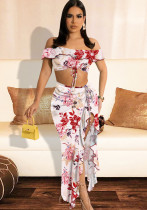 Conjunto de falda de dos piezas suelta con volantes y estampado Floral de cintura alta de manga corta con hombros descubiertos y rosa de verano para mujer