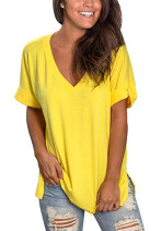 Women Summer Yellow Casual V-neck Short Sleeves Solid Loose T-Shirt