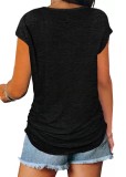 Women Summer Black Casual V-neck Short Sleeves Solid Zippers Regular T-Shirt