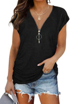 Camiseta regular de manga corta con cuello en V informal negra de verano para mujer con cremalleras sólidas
