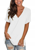 Women Summer White Casual V-neck Short Sleeves Solid Loose T-Shirt
