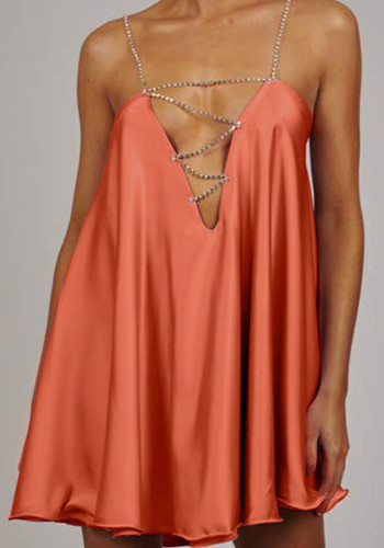 Women Summer Orange Sweet Metal Straps Sleeveless Solid Satin Backless Mini Loose Club Dress